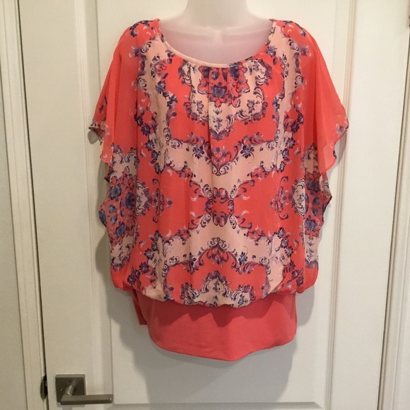 ☀️Sale  NWT JM Collection Flutter Sleeve  Floral Paisley in Coral & Blue Sz L - Picture 2 of 6